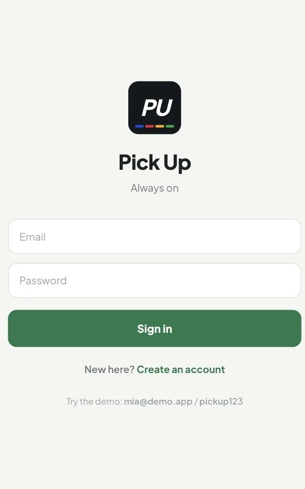 Pick Up app — sign in screen