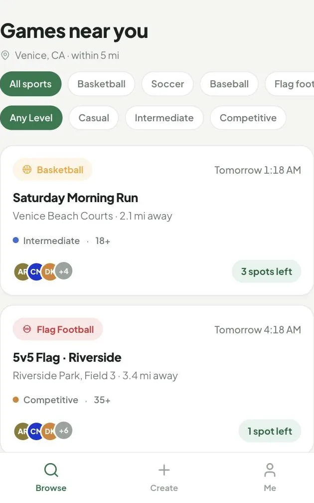 Pick Up app — browsing nearby games