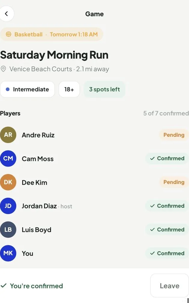 Pick Up app — game roster and check-in