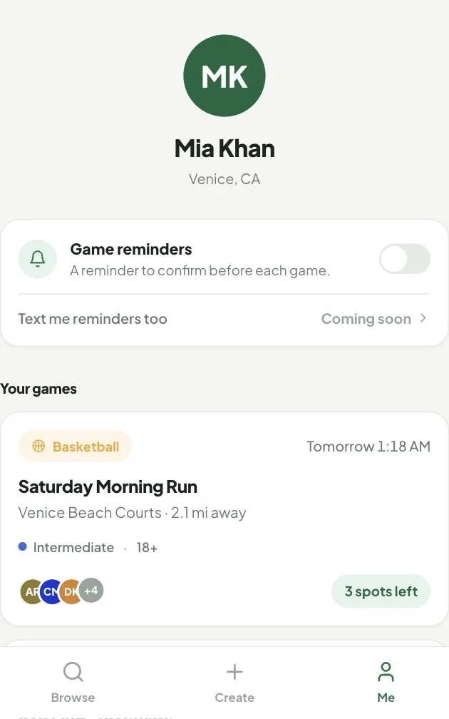 Pick Up app — player profile